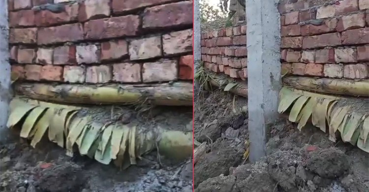 কলাগাছের ওপর দেওয়া হলো সড়কের গাইডওয়ালের ইটের গাঁথুনি!